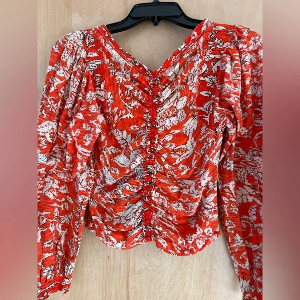 Ruched V-Neck Floral Long-Sleeve Top in Orange